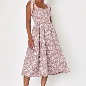 Bubbly Bliss Mauve Pink Jacquard Bustier Tie-Strap Midi Dress